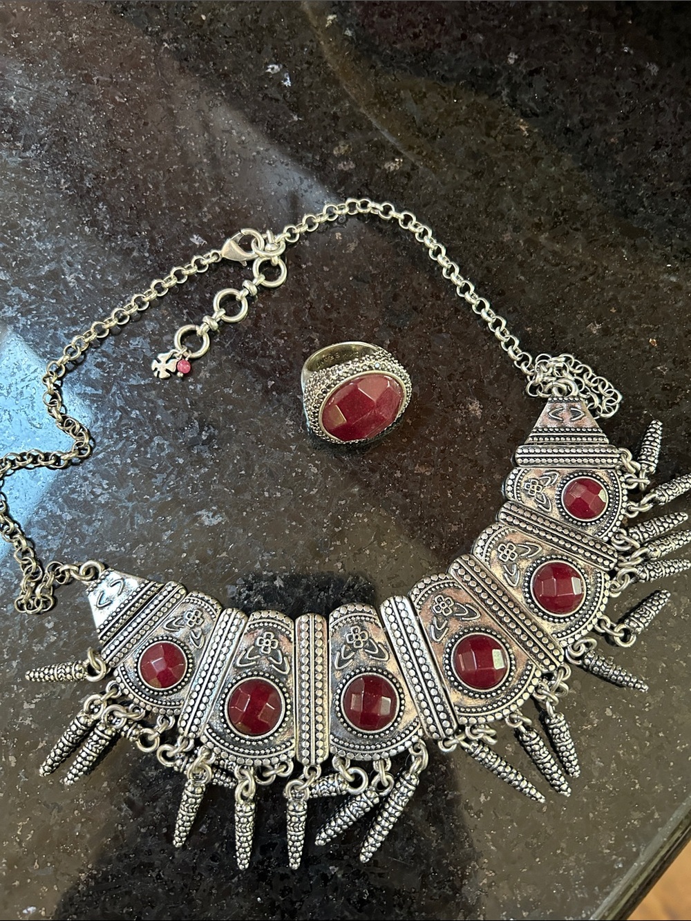 Lucky Brand Red Stone Silver-Tone Statement Necklace and Ring Set